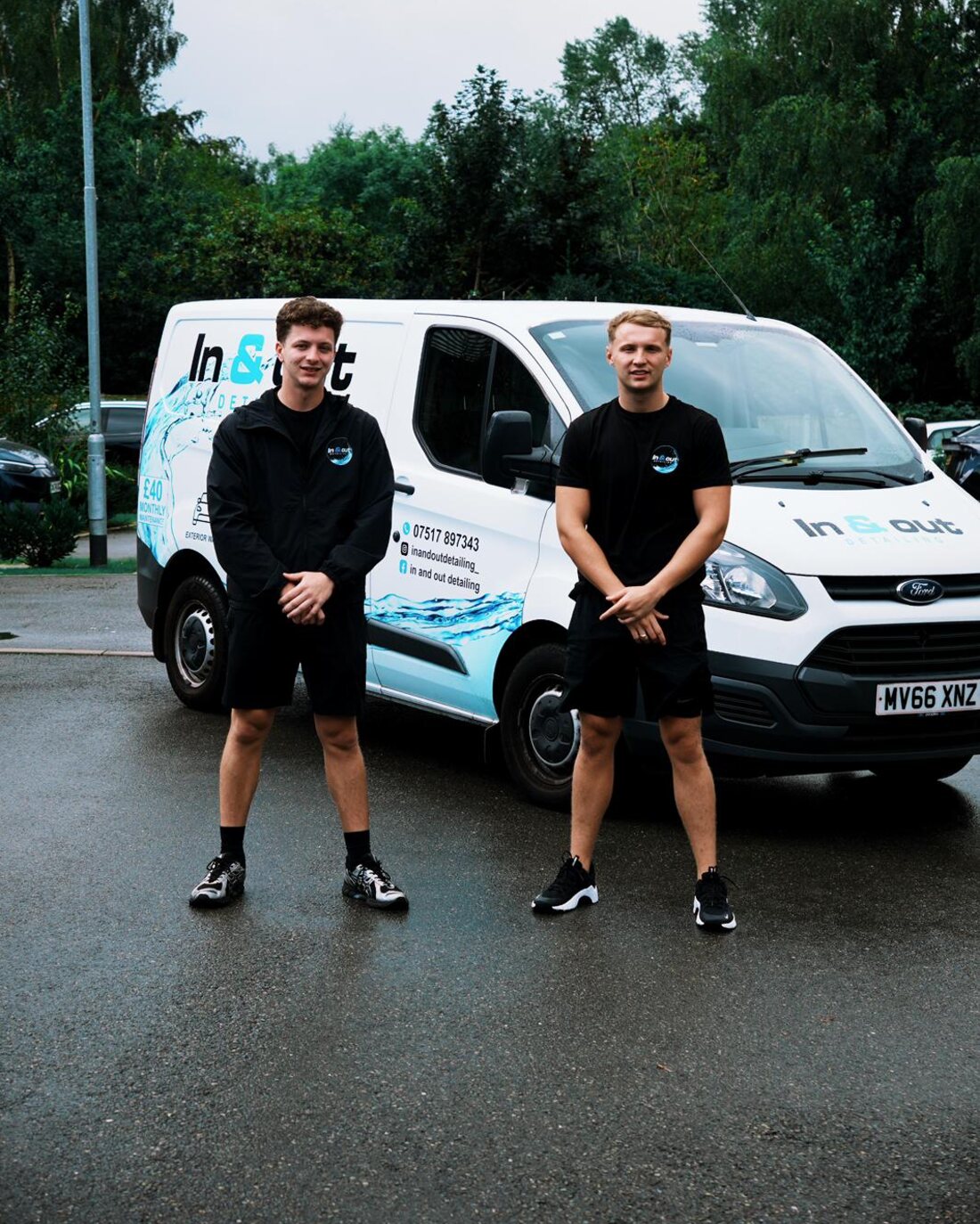 The two founders of In & Out Detailing standing in front of their liveried van in Manchester
