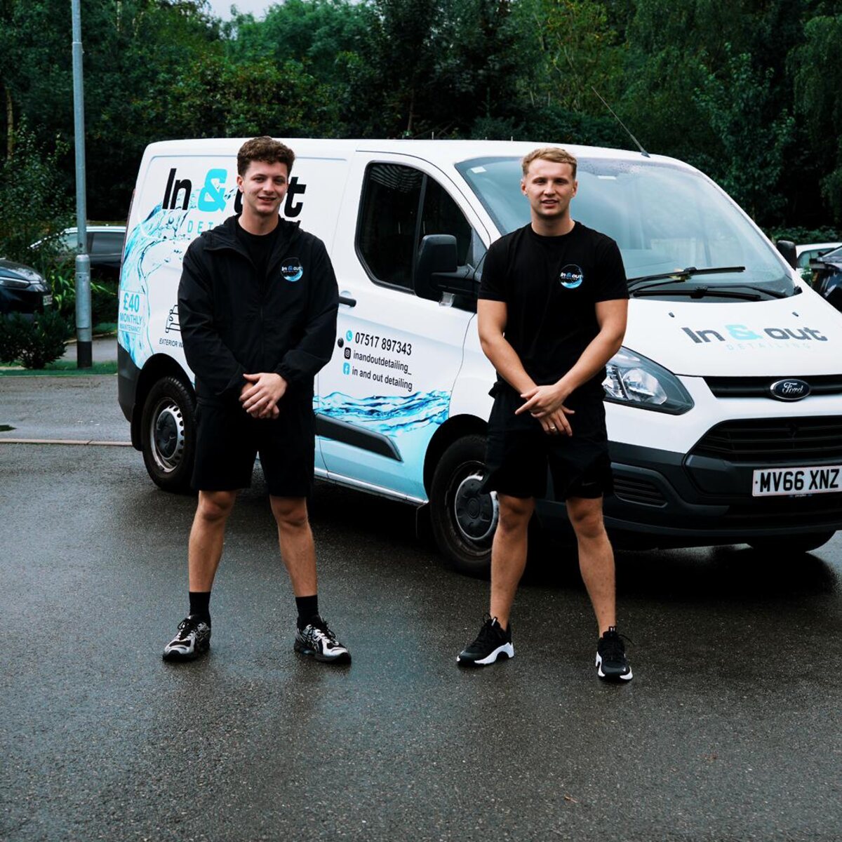 The two founders of In & Out Detailing standing in front of their liveried van in Manchester