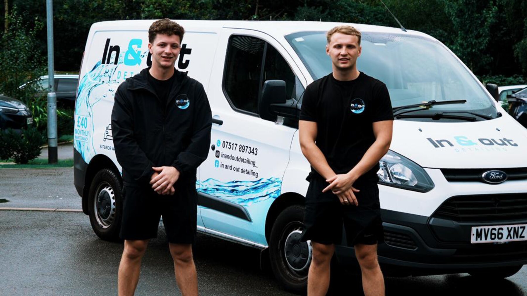 The In & Out Detailing founders in front of their liveried mobile valeting van